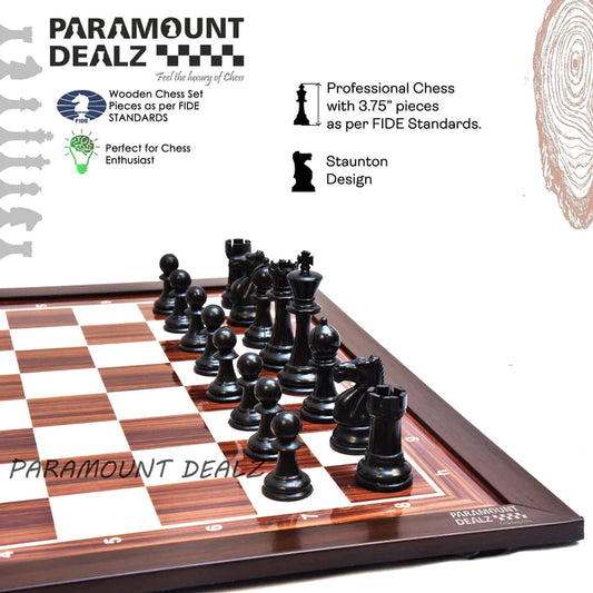 Playminds 21" Wooden Laminated Chess board with plastic chess pieces and pouch