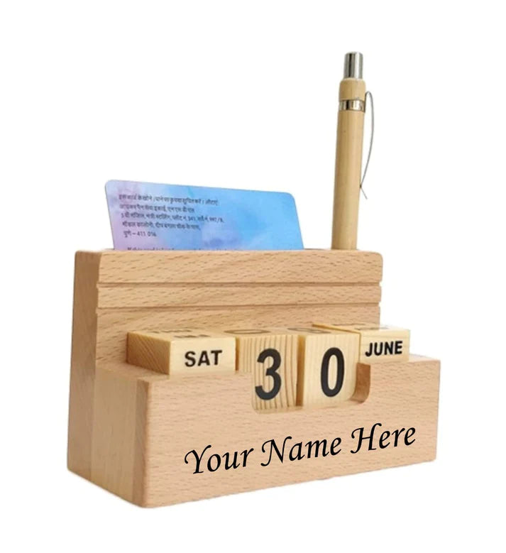 Playminds Personalized Gift, Wooden Desk Organizer|Pen, Cards Holder Table Calendar|Office/Home Decor