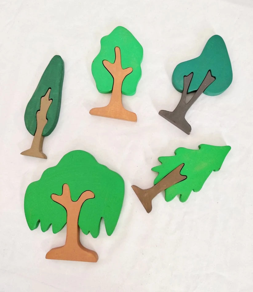 Playminds Tree Puzzle Pretend Play Set (Set of five trees)| Tree Mini Puzzles in Beech Wood (Different shapes and colours) | Pretend Play Tree Set | Decorative Tree Set