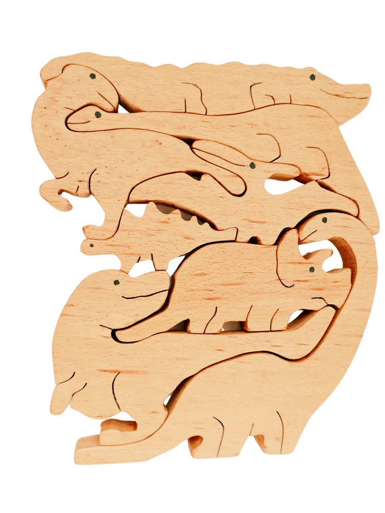Playminds Three in one Stacking toy, Jigsaw Puzzle & Dinosaurs set (8 piece) | Wooden Jigsaw Animals Puzzle | Organic Toy for Brain Development