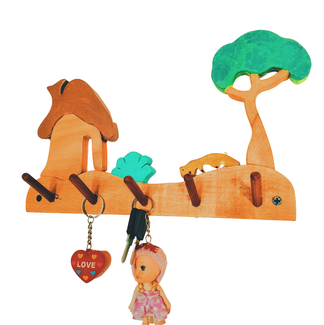 Playminds Forest-House Kids Wall Hanger (Seenary with house, bush, tree and a Fox)| Keys, Cloths, ID Cards Hanger| Kids Room Organizer | Natural Wood Hanger