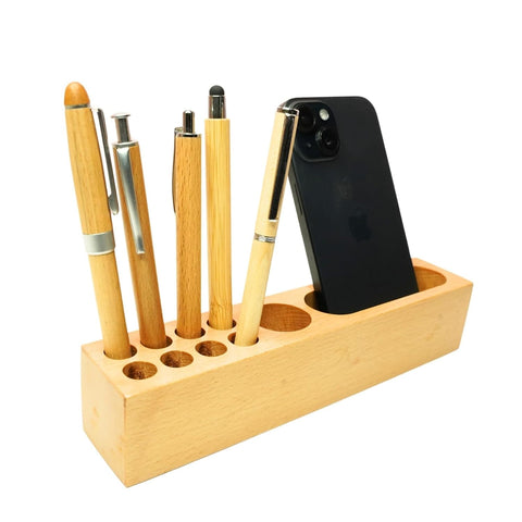Craft Closet & Gifts - Personalized Steam Beech Wooden Desk Supplies Organizer with 8 Pen/Pencil Holder Stand & Mobile Holder For IAS, Advocates, Office & Corporate Gifts (Customized)