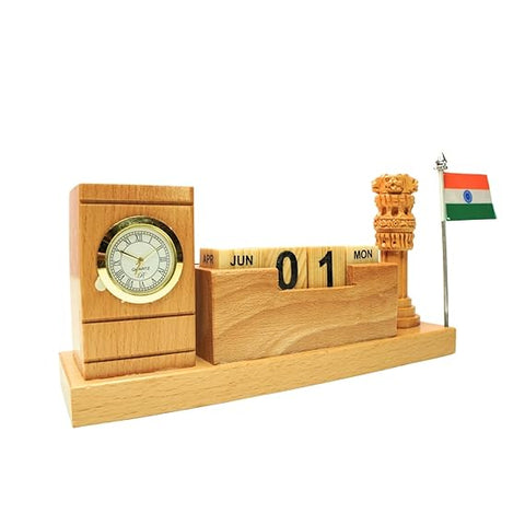 Craft Closet & Gifts - Wooden Desk Organizer with Pen Stand, Mobile Holder, Flag, Ashoka Pillar, Clock, and Calendar - Personalized Office Accessory For IAS, Advocates, Office & Corporate Gifts