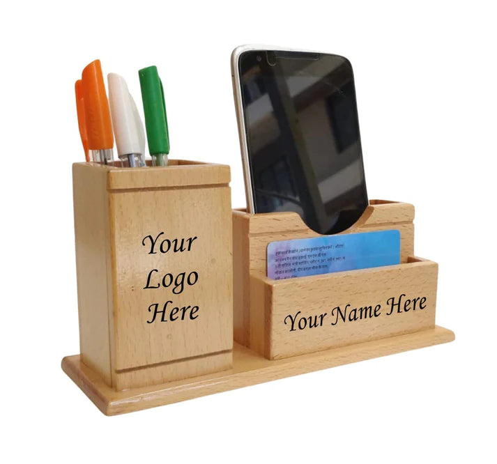 Playminds Personalized Gift, Wooden Desk Organizer |Pen, Cards & Mobile Holder |Office/Home Decor