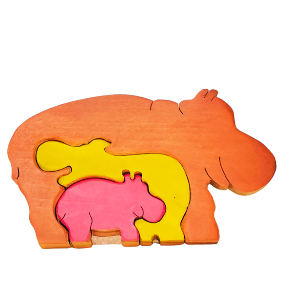 Playminds Hippo Family Brain Teaser Jigsaw Animal Puzzle set (3 pieces)| Lock in blocks puzzle set| Animals Puzzle| Wooden Puzzle
