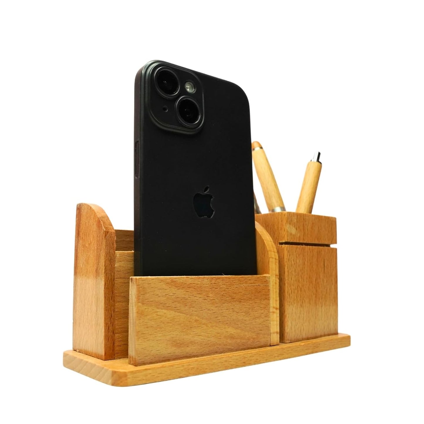 Craft Closet & Gifts - Steam Beech Wood Pencil Pen Stand with Card and Mobile Holder - Design 2 - Personalized Office Accessory for IAS, Advocate, Office & Corporate Gifts