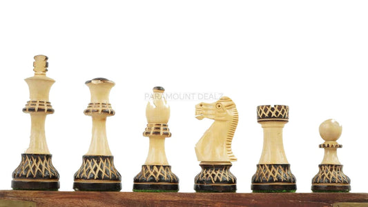 The Burnt Blazed Series Hand carved 3.75" King Size 32 + 2 Extra Queens Wooden Chess Pieces with Velvet Carry Pouch and Sheesham Wooden Chess Box