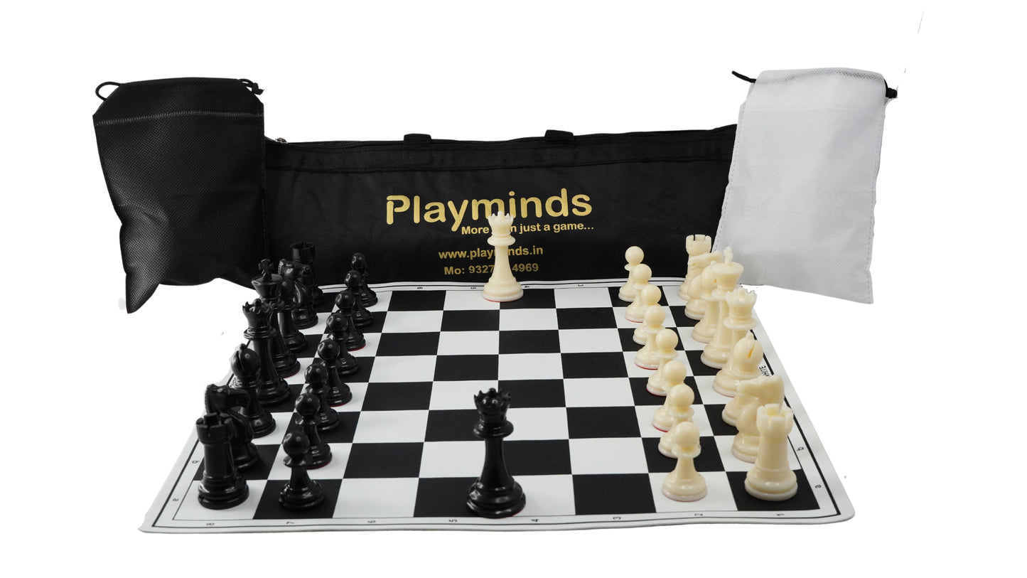 Playminds Vinyl Chess Set with 2 Extra Queens & Chess Bag (available in 17 Inches and 20 Inches) - Color Black & White