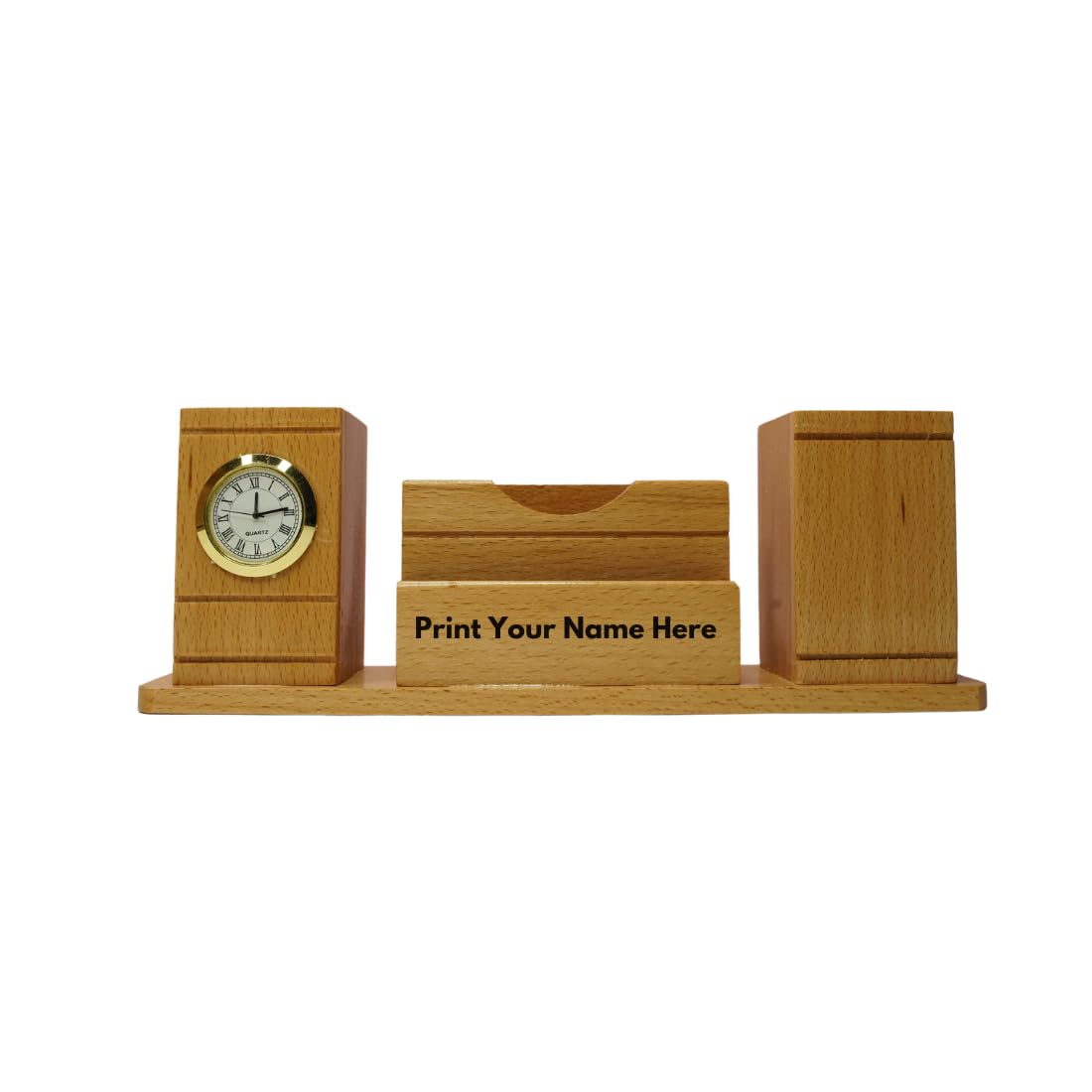 Craft Closet & Gifts - Handcrafted Steam Beech Wooden Desk Supplies Organizer with Clock, Dual Pen/Pencil Stand Holder, Mobile & Card Slots For IAS, Advocates, Office & Corporate Gifts (Customized)