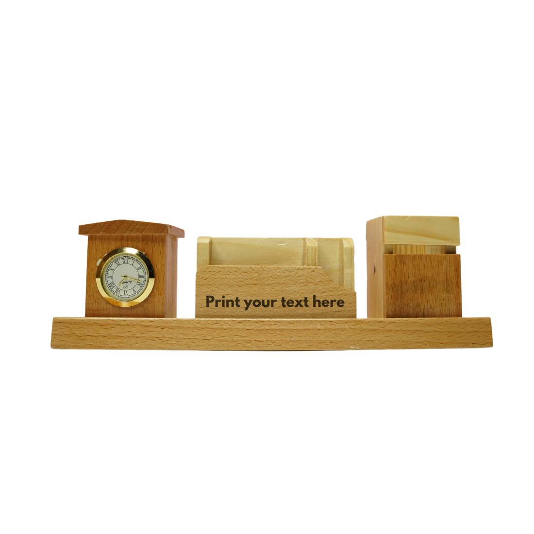 Craft Closet & Gifts - Wooden Pencil/Pen Stand Holder with Mobile, Card Holder and Clock - Design 2 - Personalized Office Accessory for IAS, Advocate, Office & Corporate Gifts