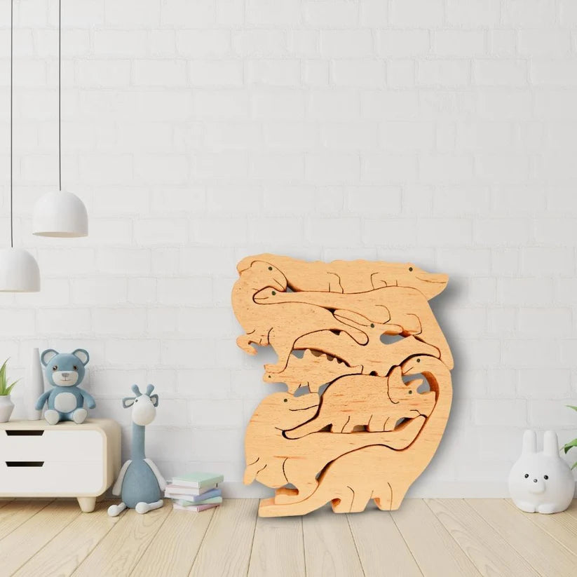 Playminds Three in one Stacking toy, Jigsaw Puzzle & Dinosaurs set (8 piece) | Wooden Jigsaw Animals Puzzle | Organic Toy for Brain Development