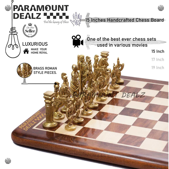 Playminds Handcrafted Brass Chess Set (FLAT Wooden Sheesham Board with Solid Brass Chess Set) - Best for Chess Enthusiasts and Gifting purpose
