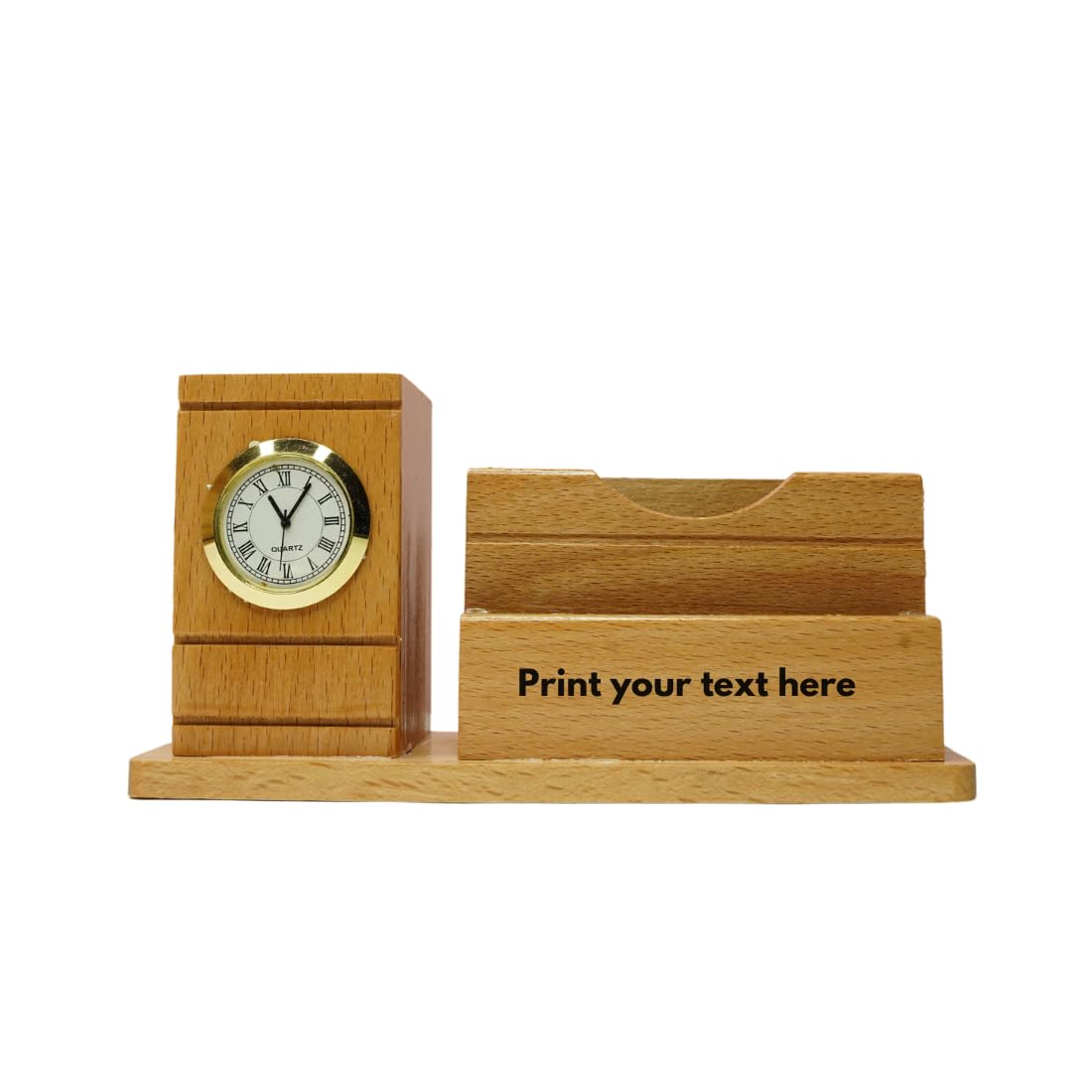 Craft Closet & Gifts - Wooden Pencil/Pen Stand Holder with Clock, Mobile Holder, and Card Holder - Design 1 - Personalized Office Desk Supplies Accessory for IAS, Advocate, Office & Corporate Gifts