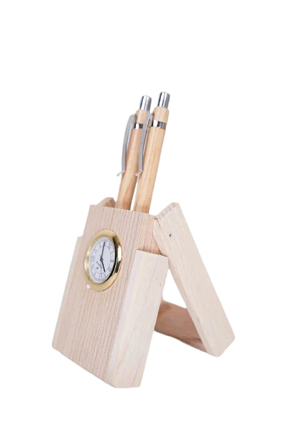 Craft Closet & Gifts - Wooden Desk Organizer with Clock |Double Pen Holder |Office/Home Decor