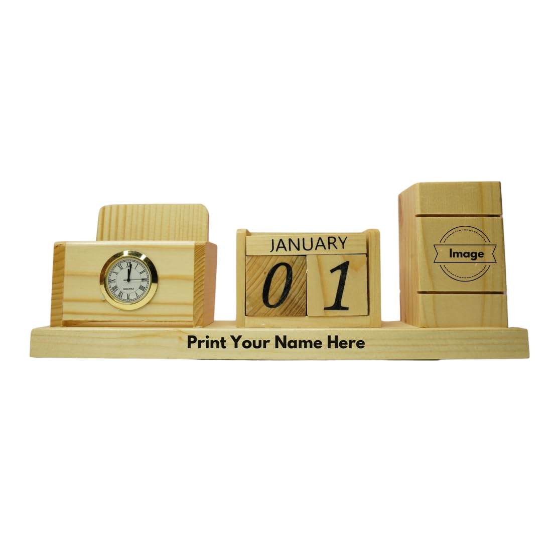 Craft Closet & Gifts - Customized Steam Breech Wooden Office Study Desk Supplies Organizer Stand with Clock, Calendar, Pen/Pencil Holder & Phone/Card Slot For IAS, Advocates, Office & Corporate Gifts