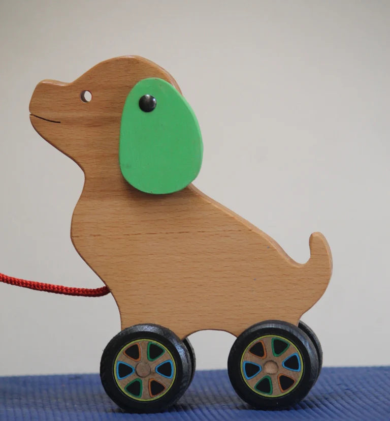 Playminds Max-A Cute Puppy Pull Along Toy (with Pull Chord, Holding Piece) | Wooden Push/Pull Toy | Wooden Pull Along Puppy | Wooden Pull Aalong Toy