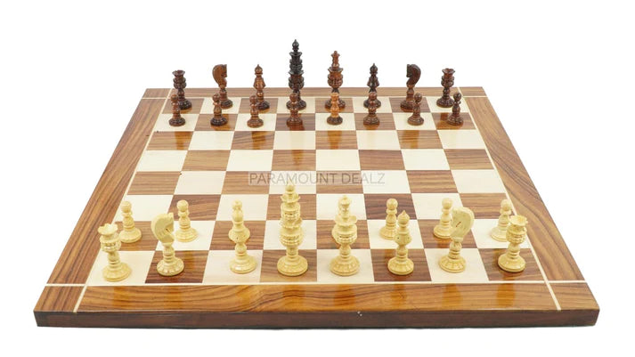 Lotus Style Series 4" King Size Handmade Wooden 32 Chessmen Chess Pieces Set with Velvet Carry Pouch and Sheesham Wooden Chess Box - Designed for Professional Players