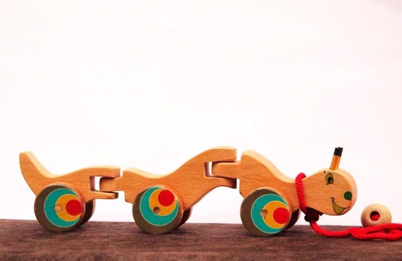 Playminds Wriggle Caterpiller Pull Along Toy (Flexible body for 360 degree Rotation, pull cord, holding piece) | Wooden Push/Pull Toy | Wooden Flexible Toy