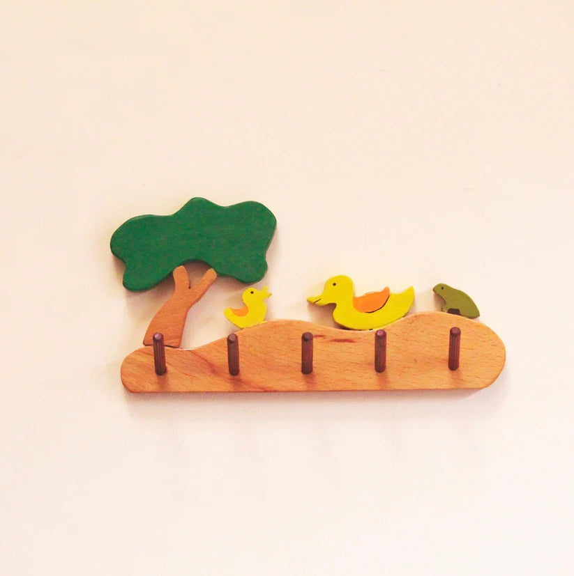 Playminds Wild Pool Kids Wall Cloth Hanger (Wild Pool with ducks, frog and tree)| Keys, Cloths, ID Cards Hanger| Kids Room Organizer | Natural Wood Hanger