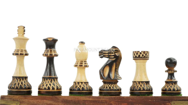 The Burnt Blazed Series Hand carved 3.75" King Size 32 + 2 Extra Queens Wooden Chess Pieces with Velvet Carry Pouch and Sheesham Wooden Chess Box