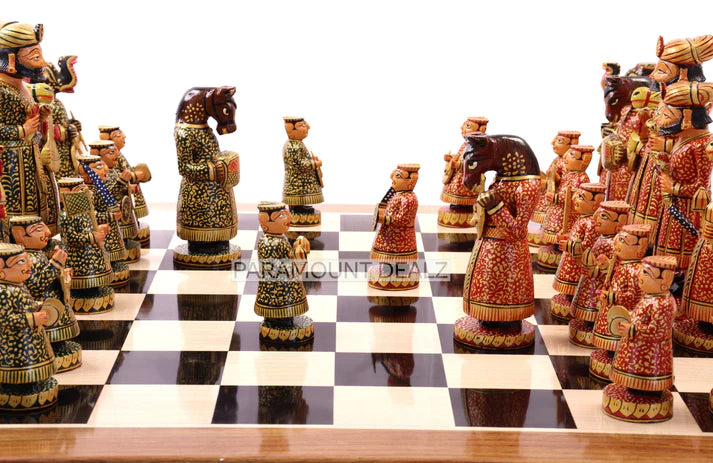 Playminds Wooden Indian Musical Theme 6" Chess Set - Handcrafted Chess Board with Chess Pieces and Box | Golden Rosewood Board for Kids and Adults