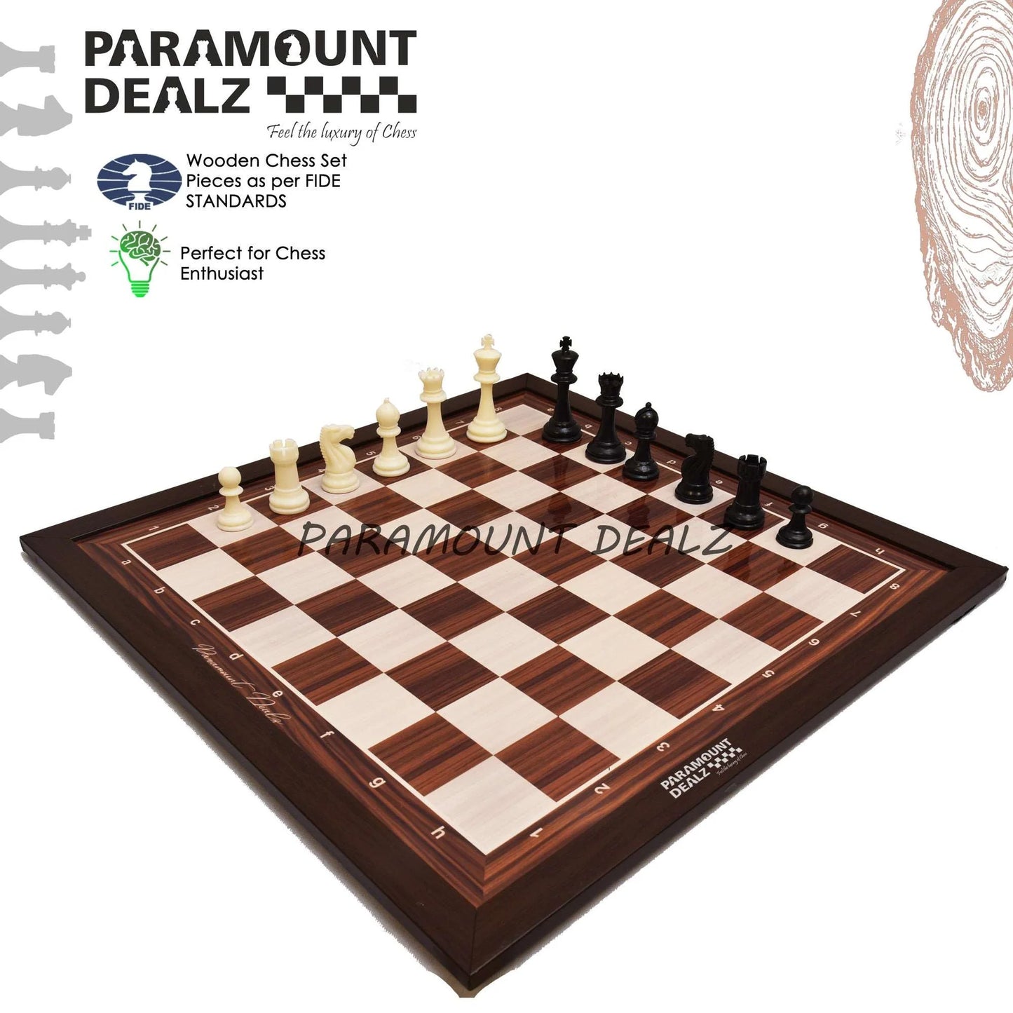 Playminds 21" Wooden Laminated Chess board with plastic chess pieces and pouch