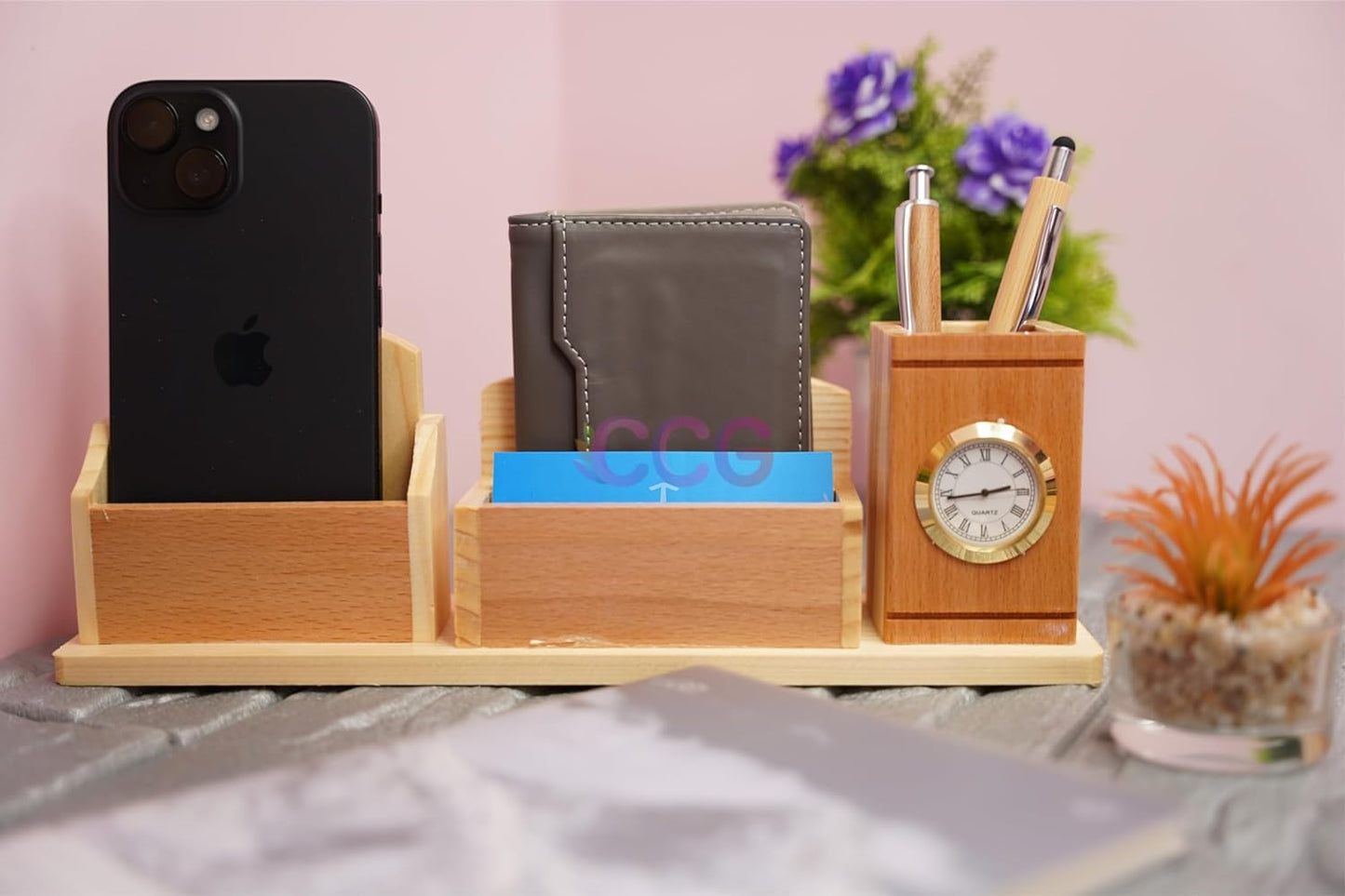 Craft Closet & Gifts - Steam Beech Wooden Desk Supplies Organizer with Clock, Wallet/Card Holder, Pen/Pencil Stand & Mobile Stand For IAS, Advocates, Office & Corporate Gifts