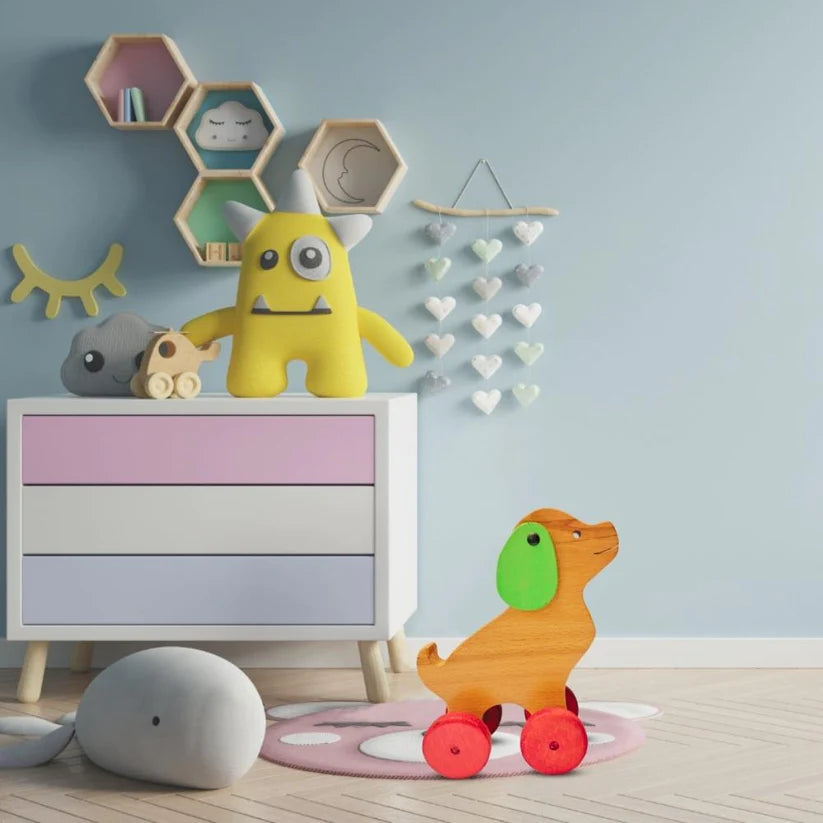 Playminds Max-A Cute Puppy Pull Along Toy (with Pull Chord, Holding Piece) | Wooden Push/Pull Toy | Wooden Pull Along Puppy | Wooden Pull Aalong Toy