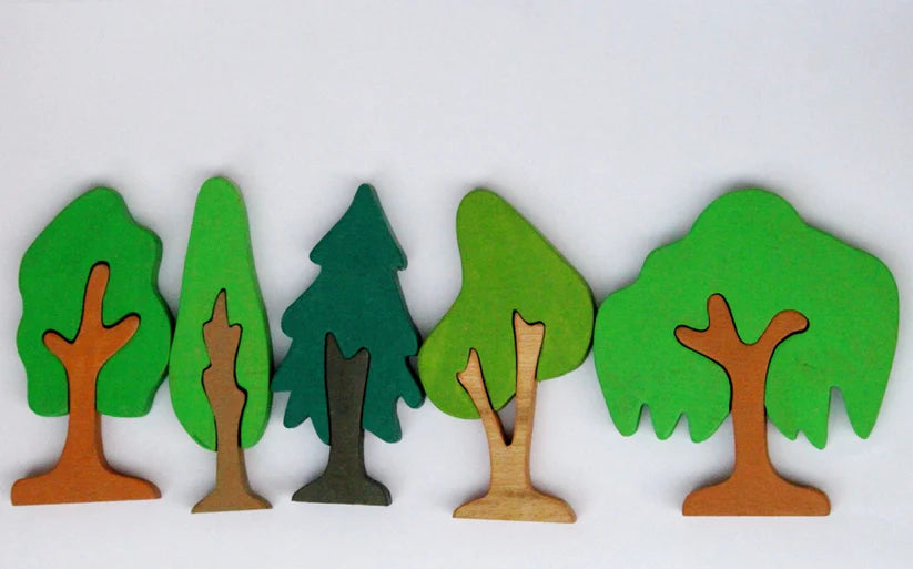 Playminds Tree Puzzle Pretend Play Set (Set of five trees)| Tree Mini Puzzles in Beech Wood (Different shapes and colours) | Pretend Play Tree Set | Decorative Tree Set