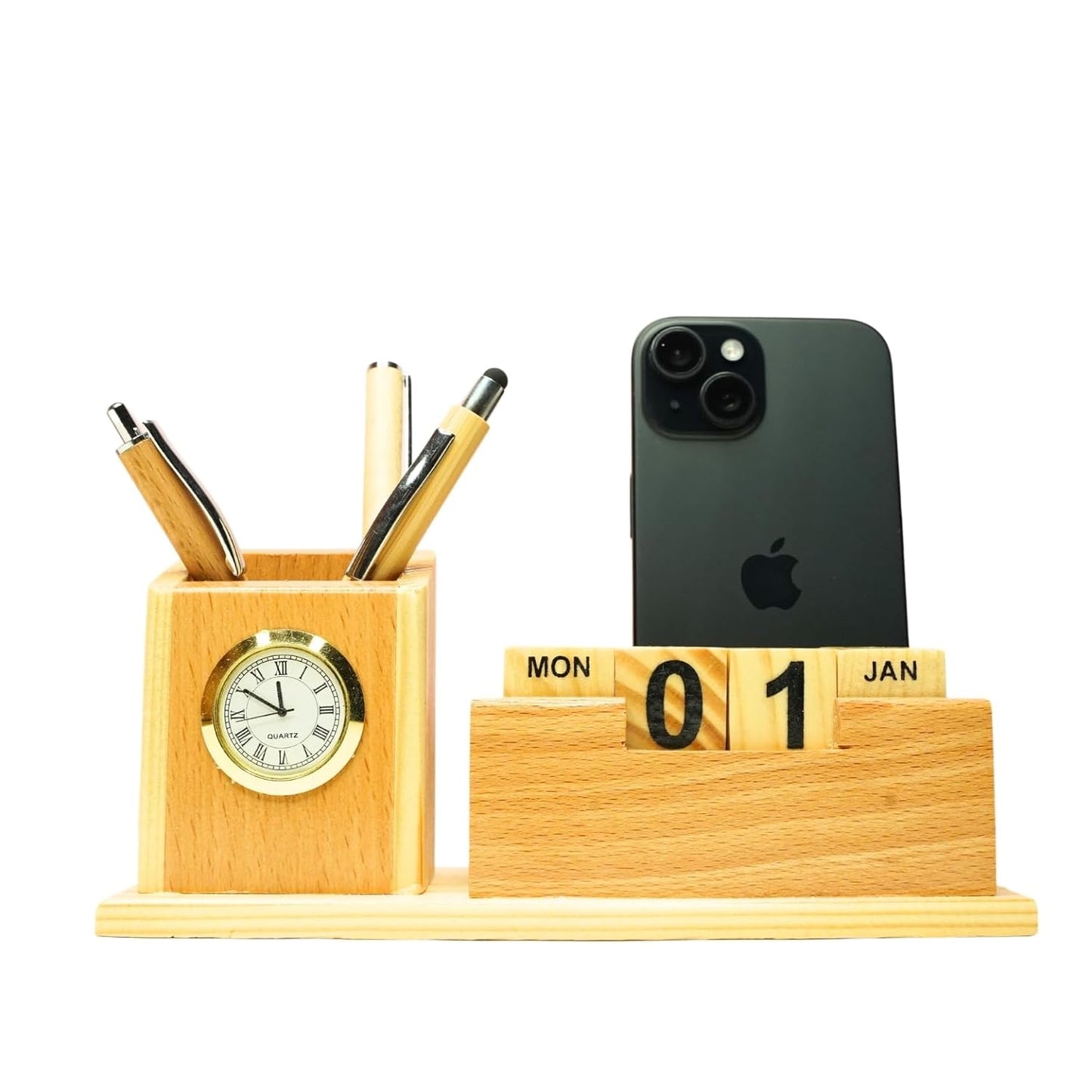Craft Closet & Gifts - Wooden Pencil Pen Stand Holder with Rolling Calendar and Mobile Stand Slot - Personalized Office Accessory for IAS, Advocate, Office & Corporate Gifts