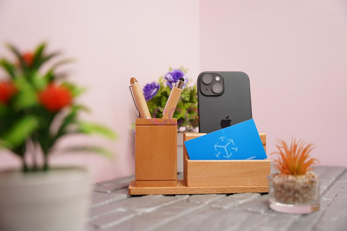 Craft Closet & Gifts - Wooden Pen Pencil Holder Stand with Card Slot and Mobile Holder - Design 2 - Personalized Office Accessory for IAS, Advocate, Office & Corporate Gifts