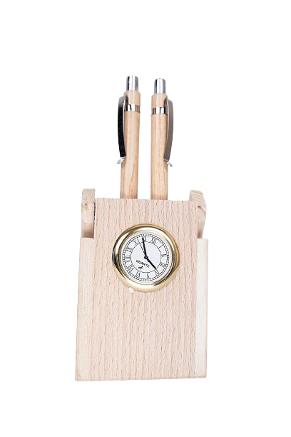 Craft Closet & Gifts - Wooden Desk Organizer with Clock |Double Pen Holder |Office/Home Decor