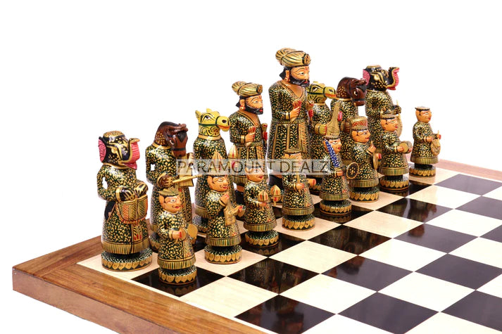 Playminds Wooden Indian Musical Theme 6" Chess Set - Handcrafted Chess Board with Chess Pieces and Box | Golden Rosewood Board for Kids and Adults