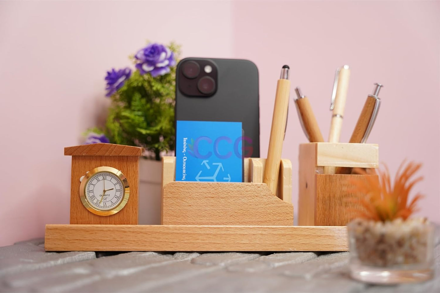 Craft Closet & Gifts - Wooden Pencil/Pen Stand Holder with Mobile, Card Holder and Clock - Design 2 - Personalized Office Accessory for IAS, Advocate, Office & Corporate Gifts