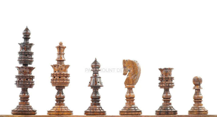 Lotus Style Series 4" King Size Handmade Wooden 32 Chessmen Chess Pieces Set with Velvet Carry Pouch and Sheesham Wooden Chess Box - Designed for Professional Players