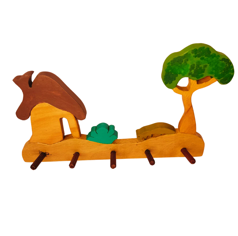 Playminds Forest-House Kids Wall Hanger (Seenary with house, bush, tree and a Fox)| Keys, Cloths, ID Cards Hanger| Kids Room Organizer | Natural Wood Hanger
