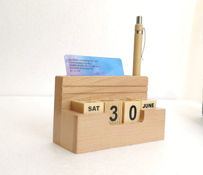 Playminds Personalized Gift, Wooden Desk Organizer|Pen, Cards Holder Table Calendar|Office/Home Decor