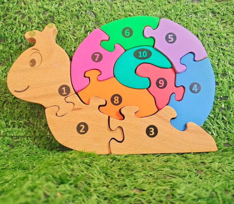 Playminds Snail01 Brain Teaser Jigsaw Number Puzzle Set (10 pieces)| Number puzzle | Interlocking Blocks Puzzle| Lock in Blocks Puzzle| Animals Puzzle| Wooden Puzzle