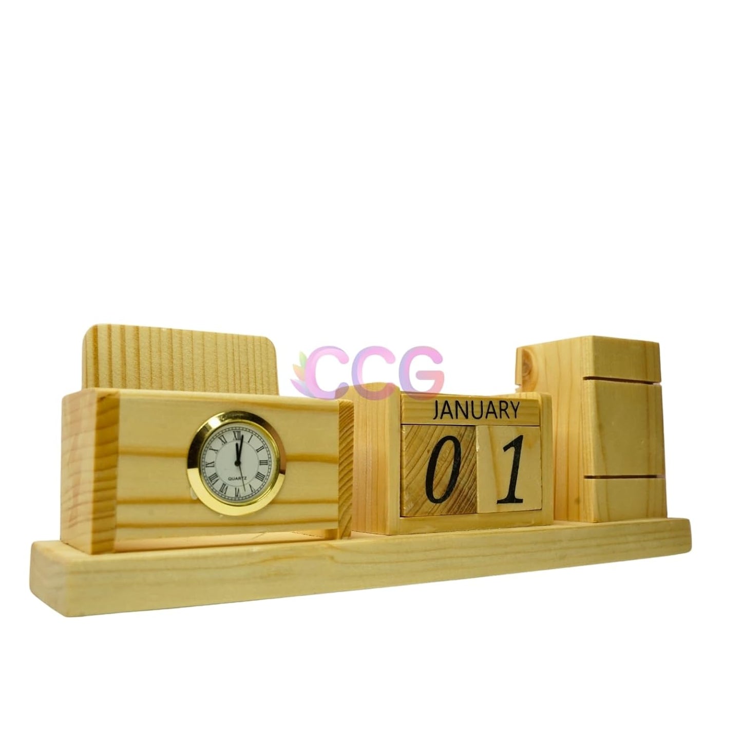Craft Closet & Gifts - Customized Steam Breech Wooden Office Study Desk Supplies Organizer Stand with Clock, Calendar, Pen/Pencil Holder & Phone/Card Slot For IAS, Advocates, Office & Corporate Gifts