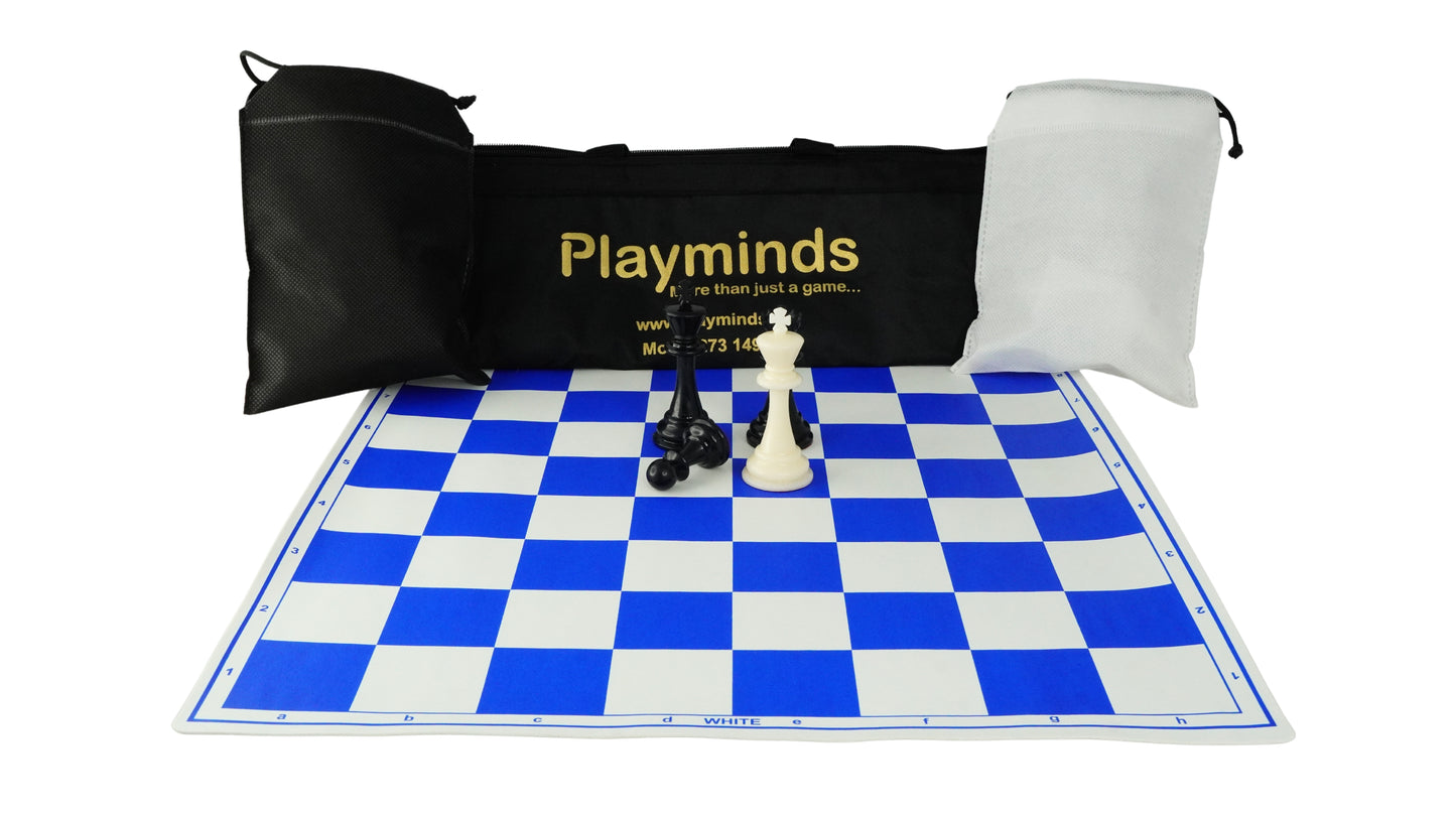 Playminds Vinyl Chess Set with 2 Extra Queens & Chess Bag (available in 17 Inches and 20 Inches) - Color Blue & White