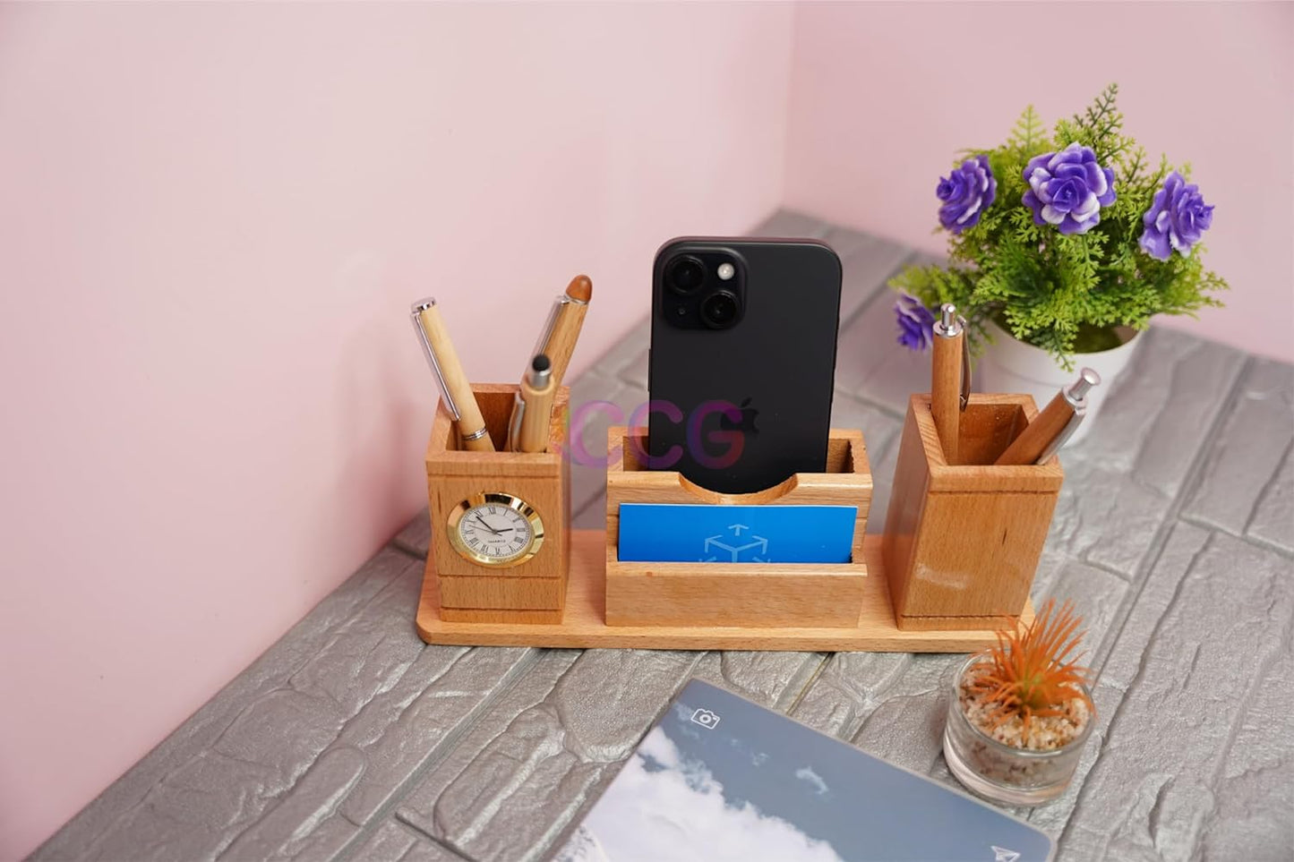 Craft Closet & Gifts - Handcrafted Steam Beech Wooden Desk Supplies Organizer with Clock, Dual Pen/Pencil Stand Holder, Mobile & Card Slots For IAS, Advocates, Office & Corporate Gifts (Customized)