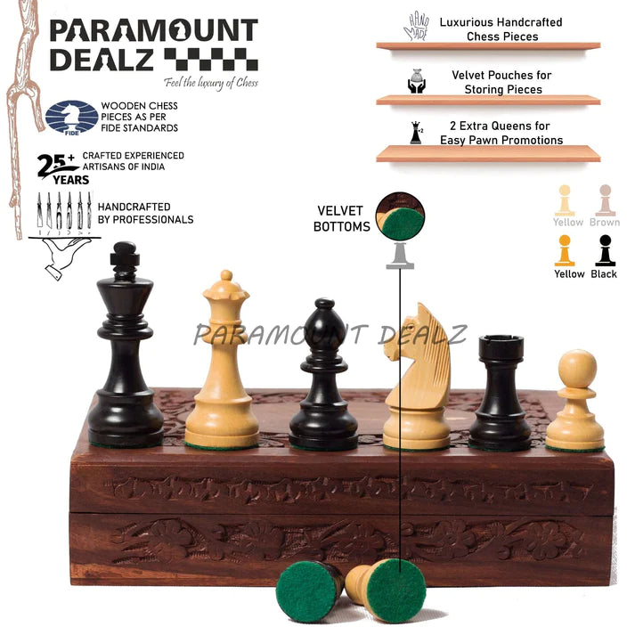 Playminds 3.75 Inch King Height-Collector Edition Wooden Chess Pieces set - Yellow Black color (Staunton Pieces/Drawstring pouch)