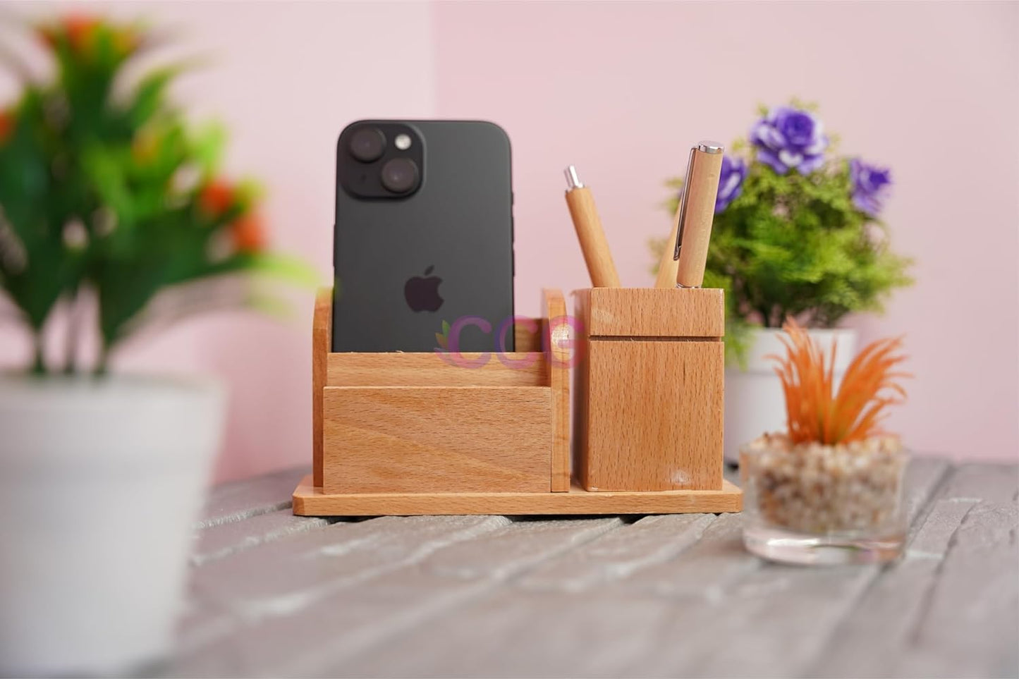 Craft Closet & Gifts - Steam Beech Wood Pencil Pen Stand with Card and Mobile Holder - Design 2 - Personalized Office Accessory for IAS, Advocate, Office & Corporate Gifts