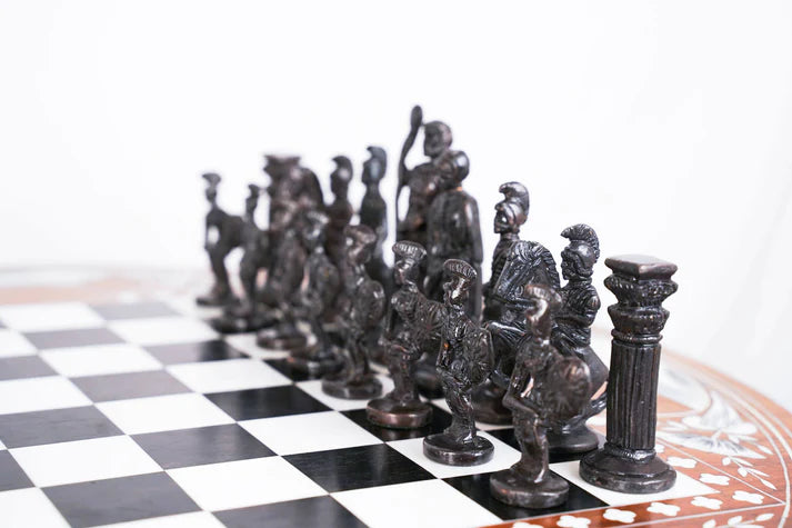 Playminds Handmade Wood Chess Table with Bone Inlay, Hand Crafted Solid Luxury Wooden Board Game & Weighted Pieces Set - Living Room Decors for Lovers