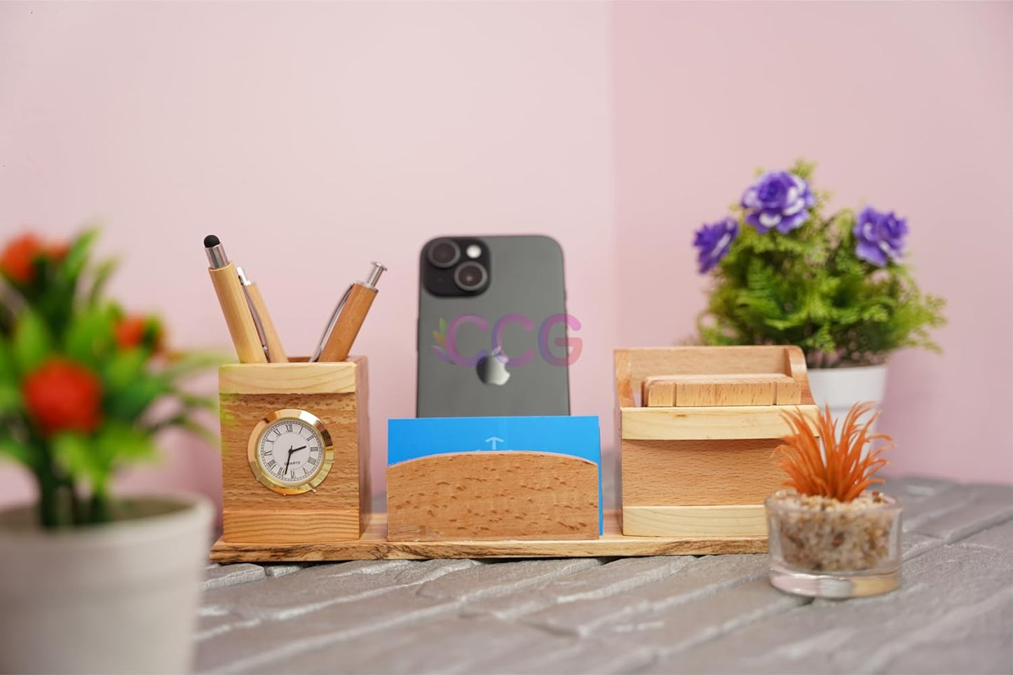 Craft Closet & Gifts - Steam Beech Wood Pencil/Pen Stand Holder with Mobile and Card Holder + Clock - Design 1 - Personalized Office Accessory for IAS, Advocate, Office & Corporate Gifts