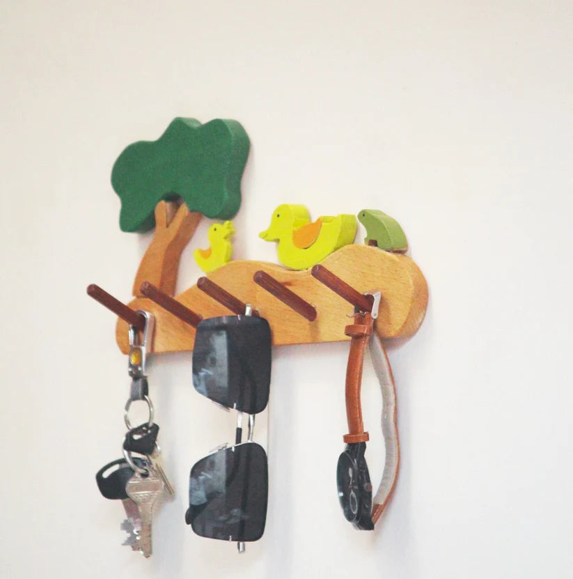 Playminds Wild Pool Kids Wall Cloth Hanger (Wild Pool with ducks, frog and tree)| Keys, Cloths, ID Cards Hanger| Kids Room Organizer | Natural Wood Hanger