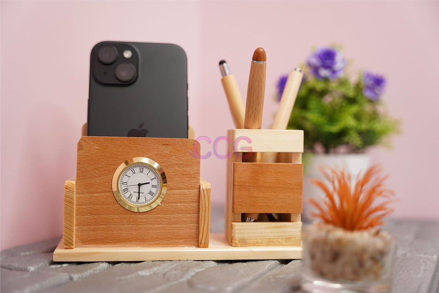 Craft Closet & Gifts - Wooden Pen/Pencil Holder Stand with Mobile Slot and Clock - Personalized Office Accessory for IAS, Advocate, Office & Corporate Gifts