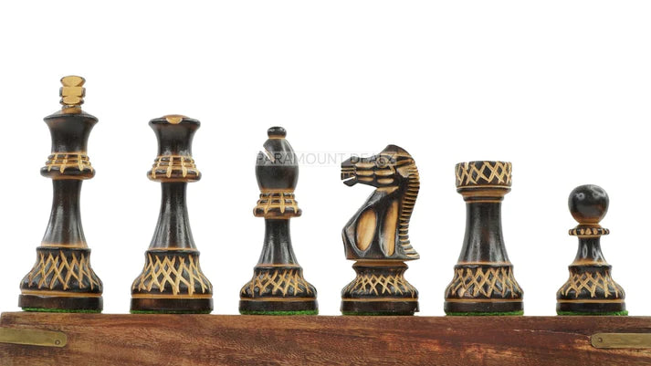 The Burnt Blazed Series Hand carved 3.75" King Size 32 + 2 Extra Queens Wooden Chess Pieces with Velvet Carry Pouch and Sheesham Wooden Chess Box