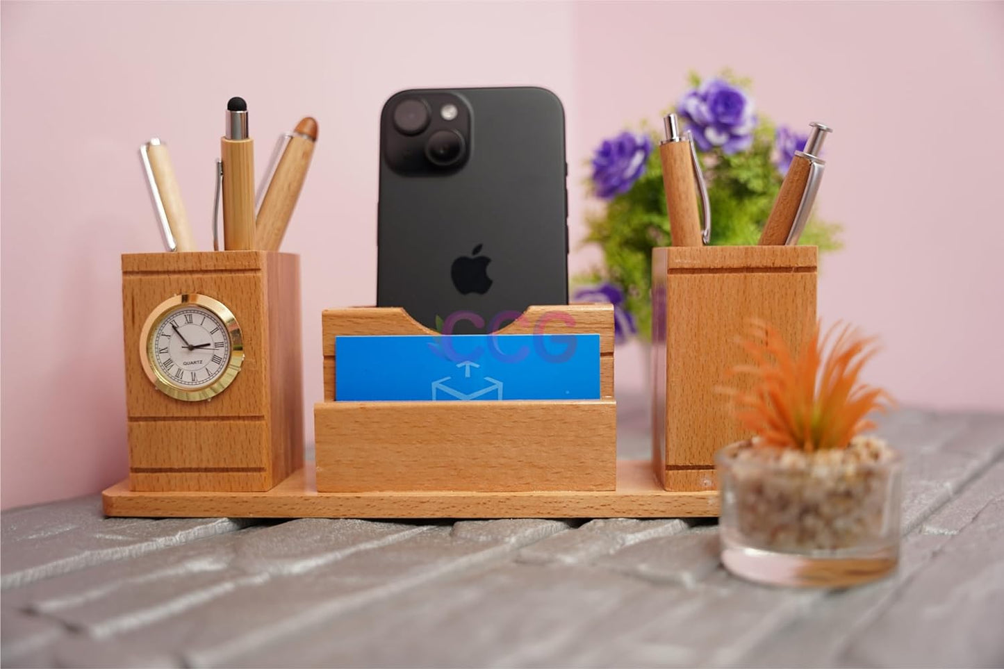 Craft Closet & Gifts - Handcrafted Steam Beech Wooden Desk Supplies Organizer with Clock, Dual Pen/Pencil Stand Holder, Mobile & Card Slots For IAS, Advocates, Office & Corporate Gifts (Customized)