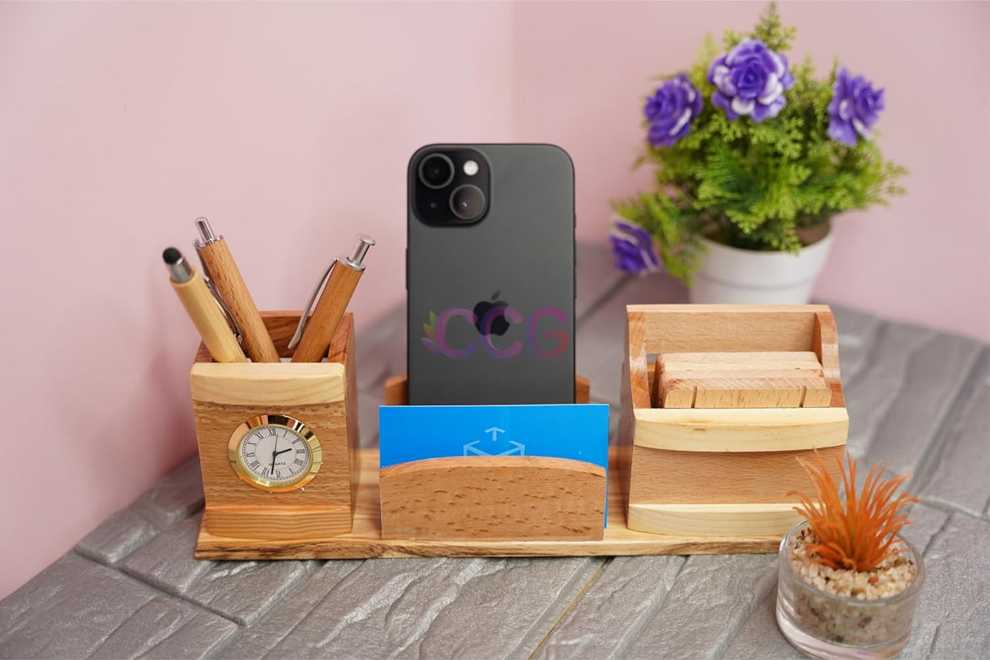 Craft Closet & Gifts - Steam Beech Wood Pencil/Pen Stand Holder with Mobile and Card Holder + Clock - Design 1 - Personalized Office Accessory for IAS, Advocate, Office & Corporate Gifts